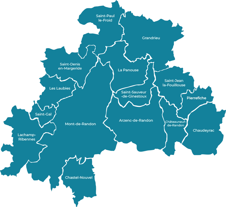 Carte illustrant les communes de la Communaut&eacute; de communes Randon-Margeride. Les limites territoriales des communes sont repr&eacute;sent&eacute;es en blanc sur fond bleu. Les communes visibles sont : Arzenc-de-Randon, Chastel-Nouvel, Chaudeyrac, Estables, Grandrieu, Lachamp, La Panouse, La Villedieu, Les Laubies, Pierrefiche, Ribennes, Rieutort-de-Randon, Saint-Alban-sur-Limagnole, Saint-Arcons-de-Randon, Saint-Denis-en-Margeride, Saint-Gal, Saint-Jean-la-Fouillouse, Saint-Paul-le-Froid, Saint-Sauveur-de-Ginestoux et Servi&egrave;res. Un bouton &laquo; D&eacute;couvrir les communes &raquo; est affich&eacute; sous la carte.